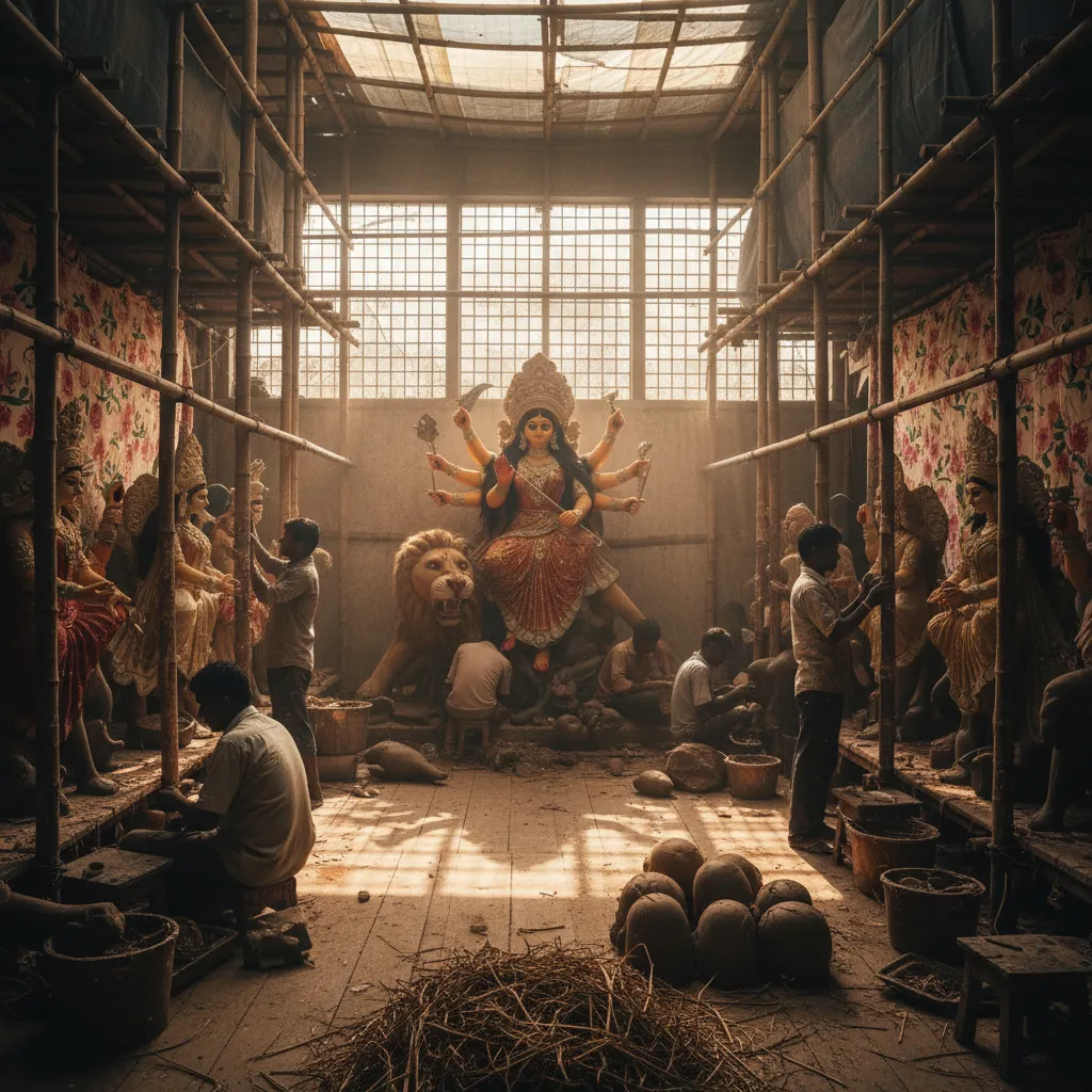 কুমোরটুলির মৃৎশিল্পীরা প্রতিমা তৈরি করছেন