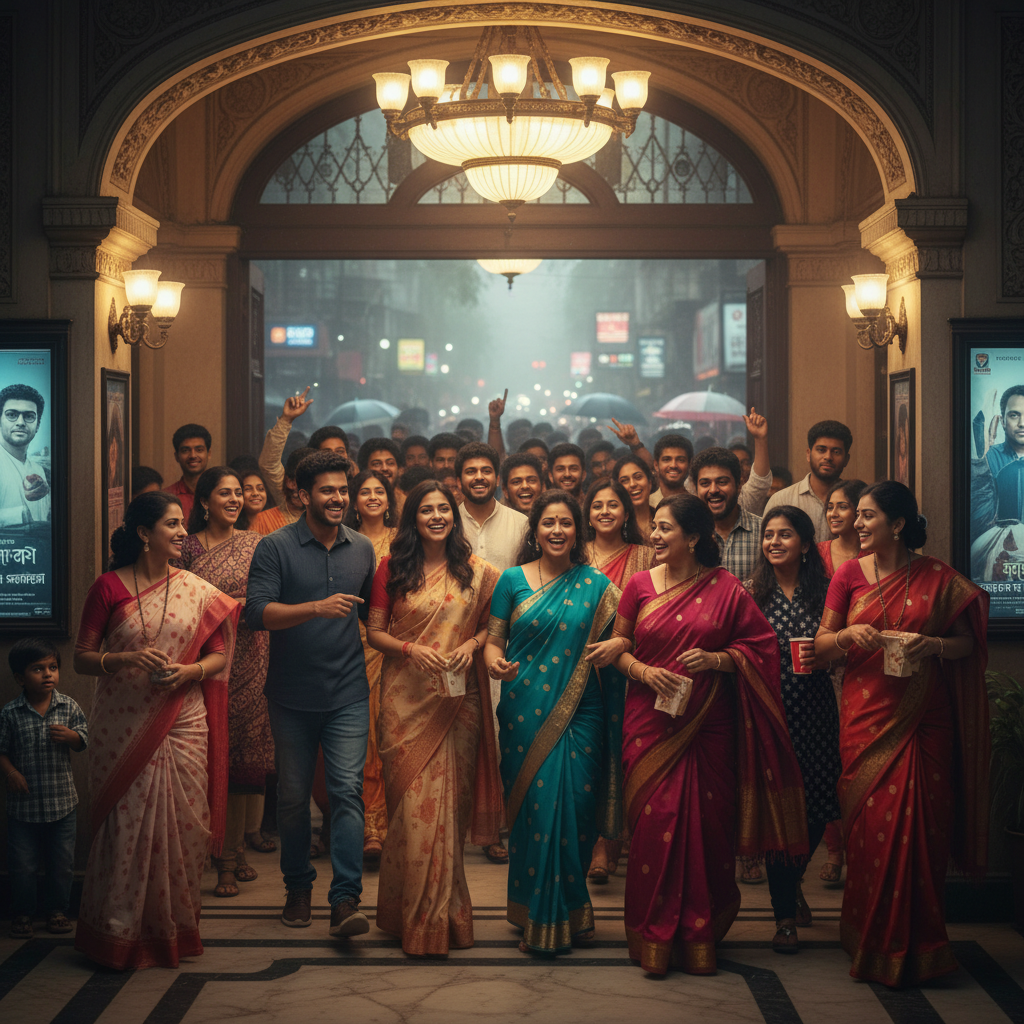 সিনেমা হল থেকে বেরিয়ে আসা আনন্দিত দর্শক