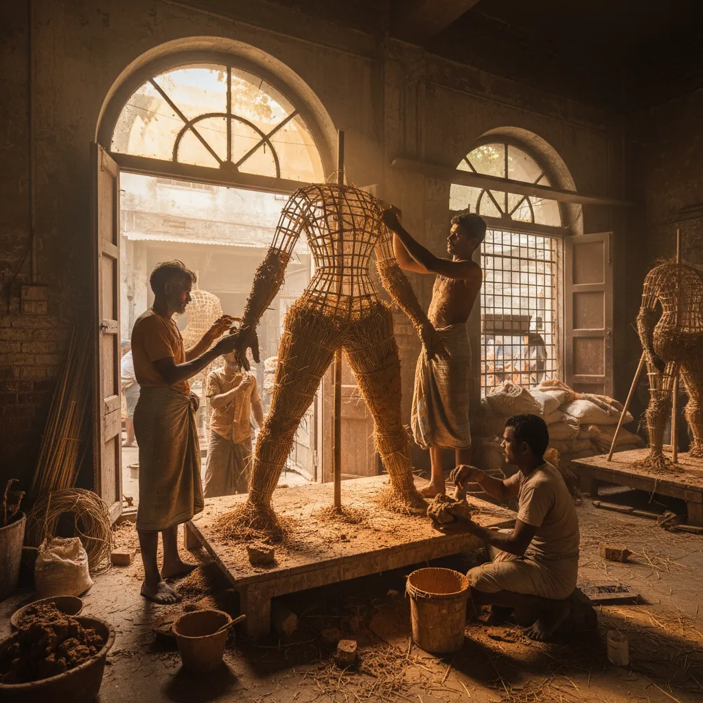 কুমোরটুলিতে মাটির প্রতিমা তৈরির প্রাথমিক পর্যায়