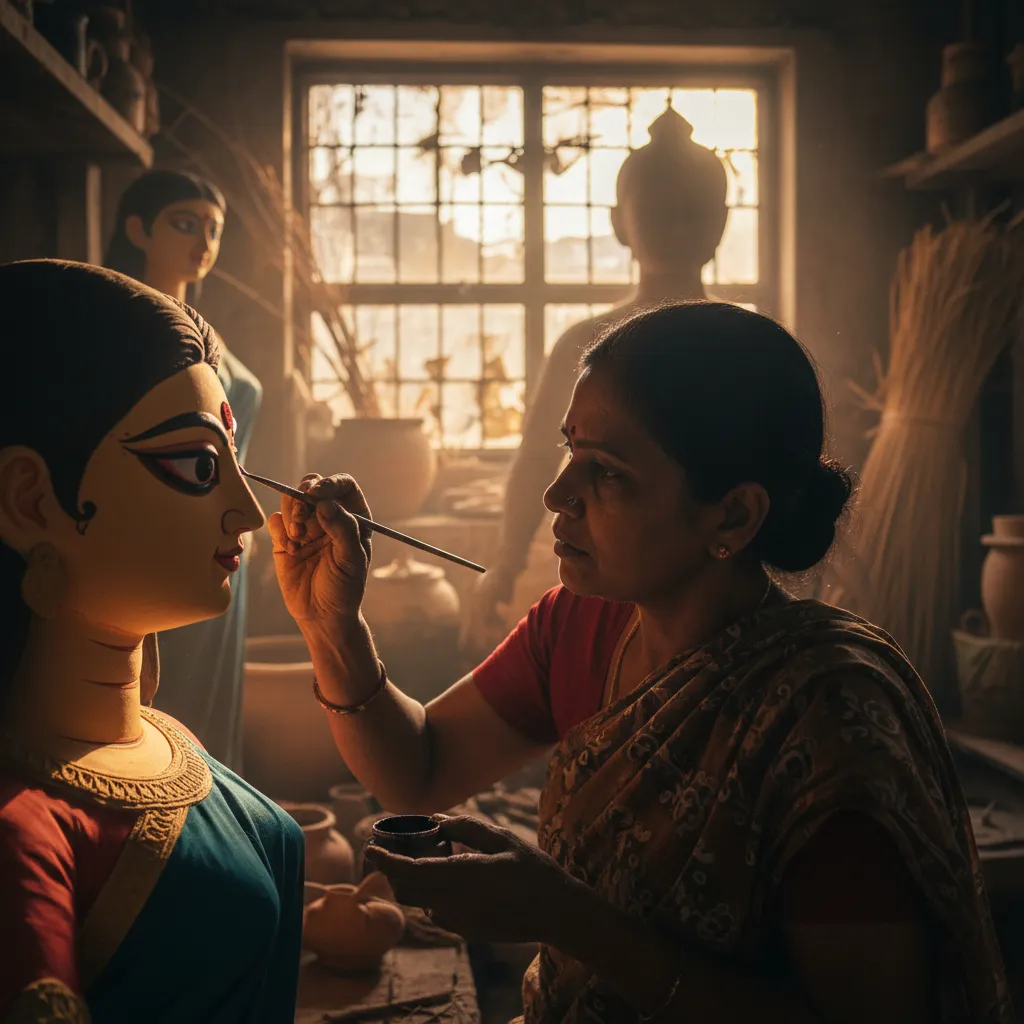 কুমোরটুলির শিল্পীর হাতে দেবীর চক্ষুদান