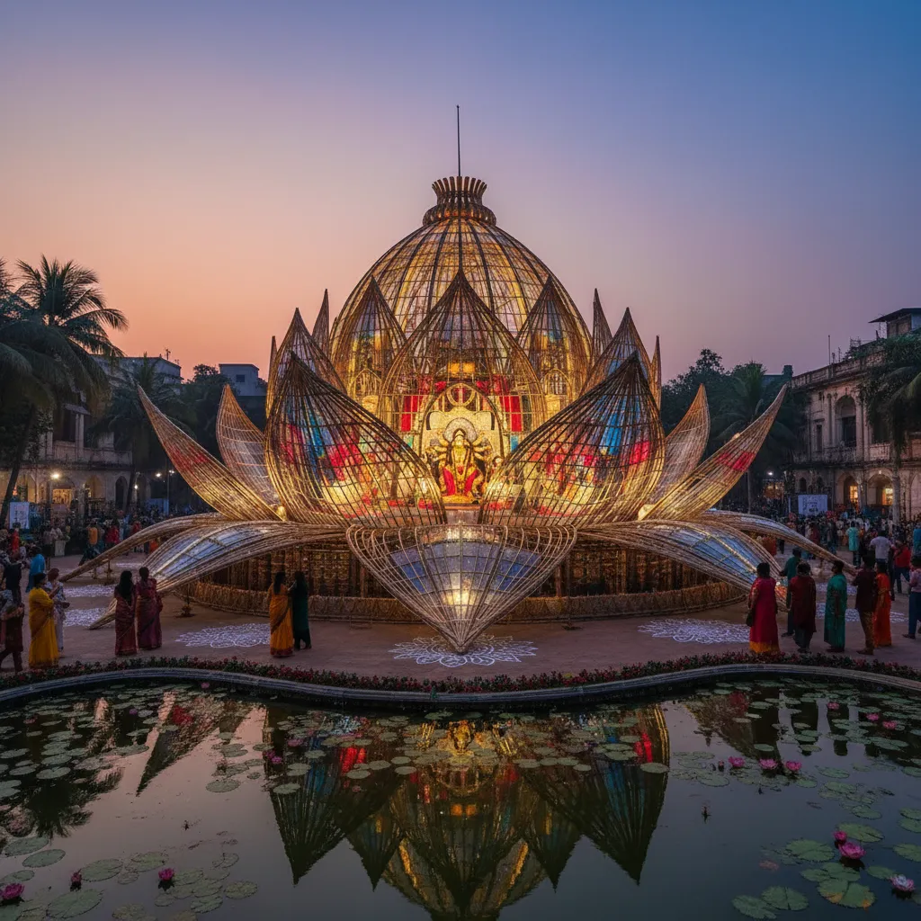 কলকাতার একটি থিমভিত্তিক দুর্গাপূজা প্যান্ডেলের বাইরের দৃশ্য