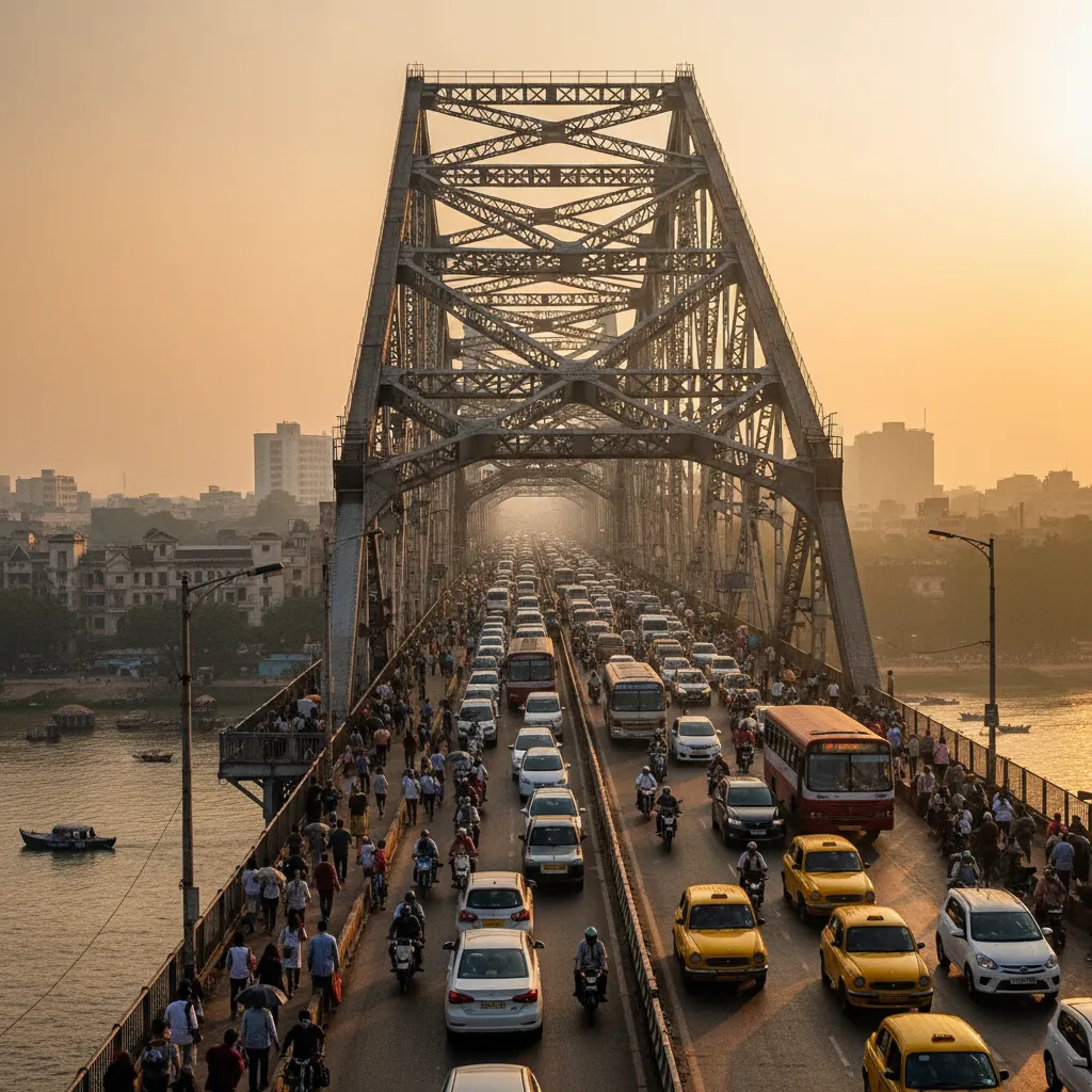 হাওড়া ব্রিজের ব্যস্ত সময়ের দৃশ্য
