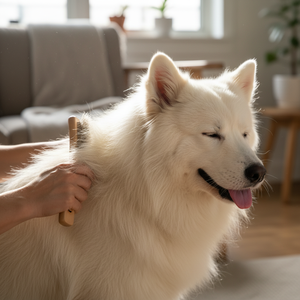 Person grooming a long-haired dog