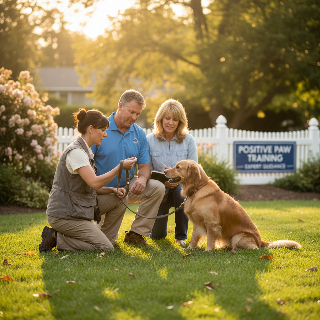Professional dog trainer with owner and dog